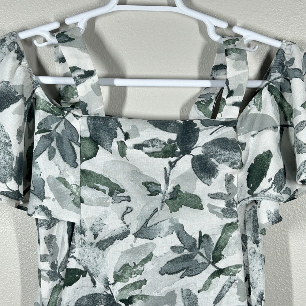Entro Womens Green Watercolor Botanical Cold Shoulder Flutter Sleeve Top L T8832